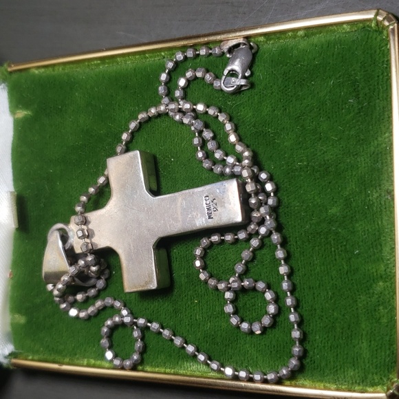 MEXICO RARE VINTAGE 925 STERLING SILVER INLAY CROSS WITH STERLING BALL CHAIN - Picture 5 of 6